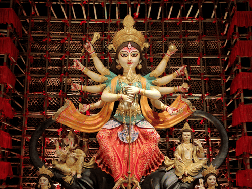 A handcrafted Durga statue at a pandal during the Durga puja.