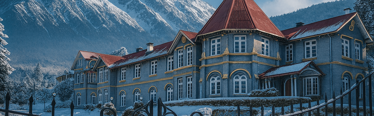 Historic colonial building in Kurseong with red roof, snow-covered ground, and Himalayan mountains in winter season — popular heritage attraction in Darjeeling, West Bengal