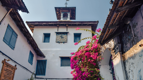 Facade of Paradesi Synagogue rises above narrow lanes, framed by weathered walls and vibrant pink bougainvillea in full bloom, a must-visit place during Kerala monsoon tourism.