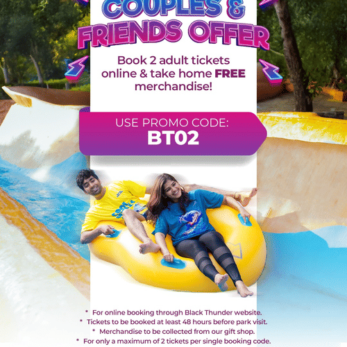 promotional offer showing Book Early and Get 20% Off discount deal and its details for Black Thunder Water Theme Park.