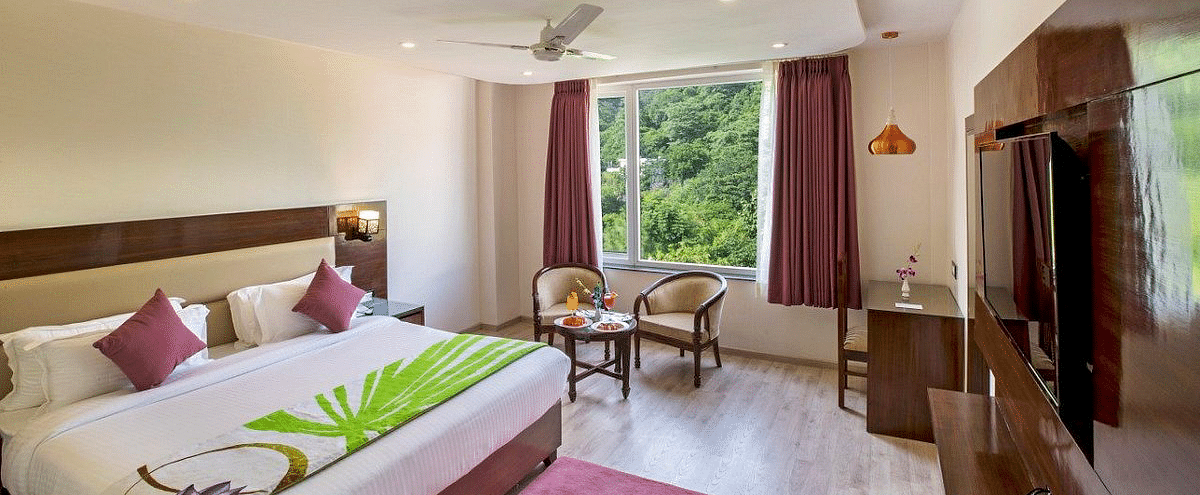 Full view shot of the Premium Room at Regenta Inn DLS featuring a double bed overlooking the lush green views from the window.