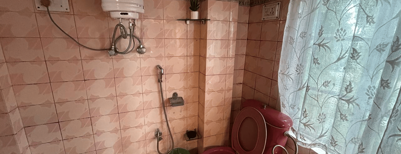 Corner of a bathroom showing a pink floor bucket, a shower area with a curtain, and light-coloured tiled walls at Hotel Dolphin Darjeeling.