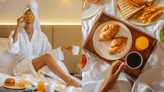 Collage of assorted breakfast served with beverages and pastries on the bed – Lamrin Morjim Goa