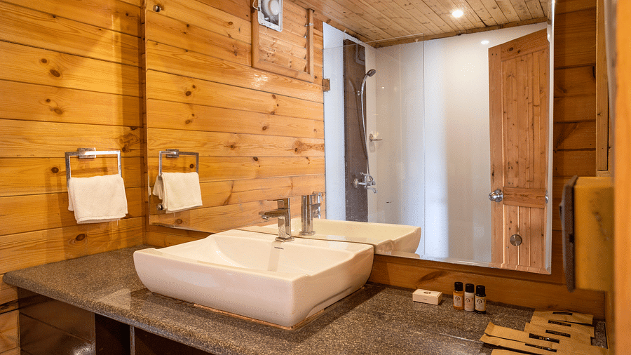 The interiors of the washroom at Premium Cottage - Stone Wood Riverfront Resort, Siolim