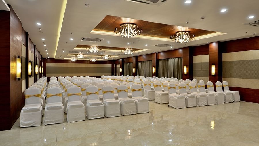 Theatre style seating arrangements inside the Banquet hall - VITS Devbhumi, Dwarka