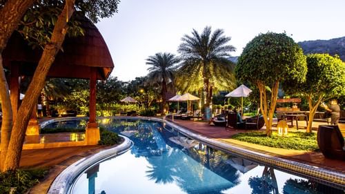 The beautifully maintained pool in the night at Ananta Spa and Resort, Pushkar 