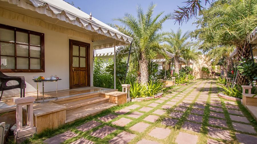 Exterior facade of our tent rooms in Pushkar 