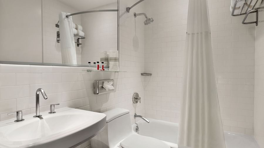 A private guest bathroom within the Standard Rooms at Night Hotel Broadway