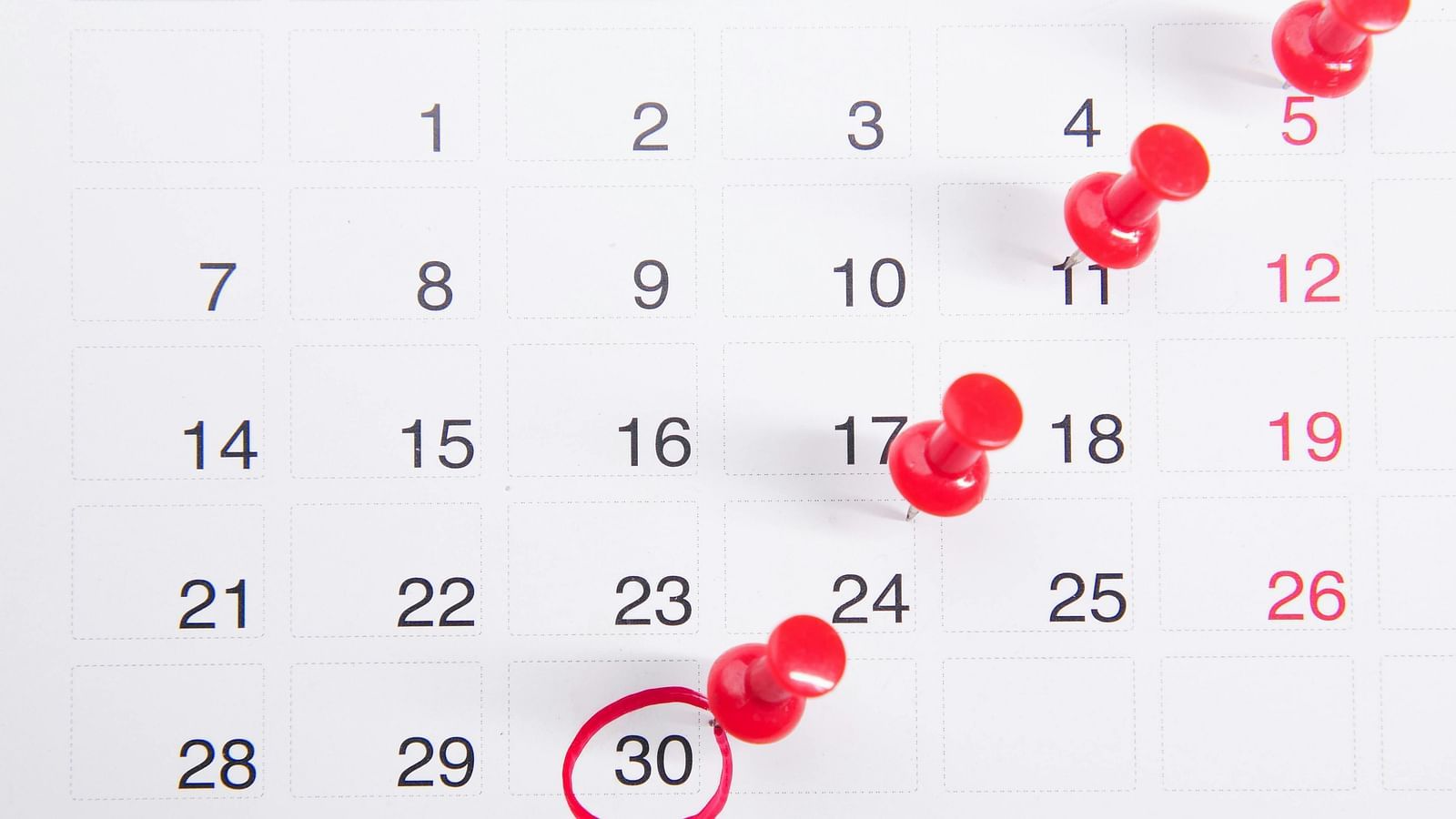 A calendar with dates marked by red pins, and a number circled.