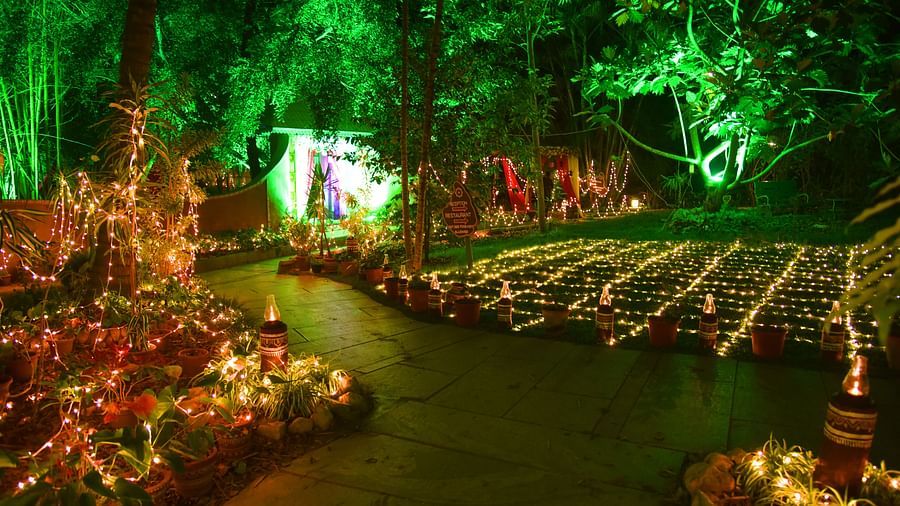 wedding decorations at night at the Hoysala Village Resort, Hassan