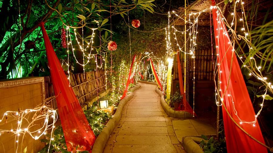 wedding decorations at night at the Hoysala Village Resort, Hassan
