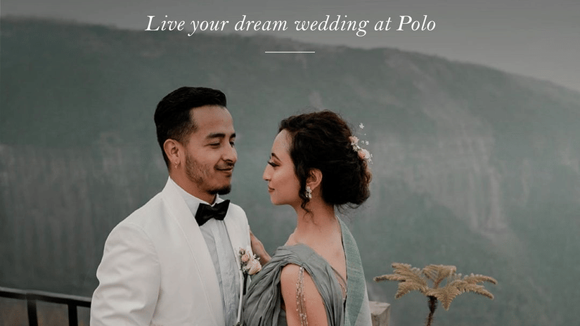 Polo Resort Cherrapunji wedding poster showing groom in white tuxedo and bride in pastel sari holding bouquet, with logo and Live your dream wedding text.