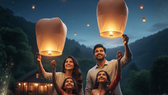 A group of people releasing flying lanterns against the backdrop of scenic hills.