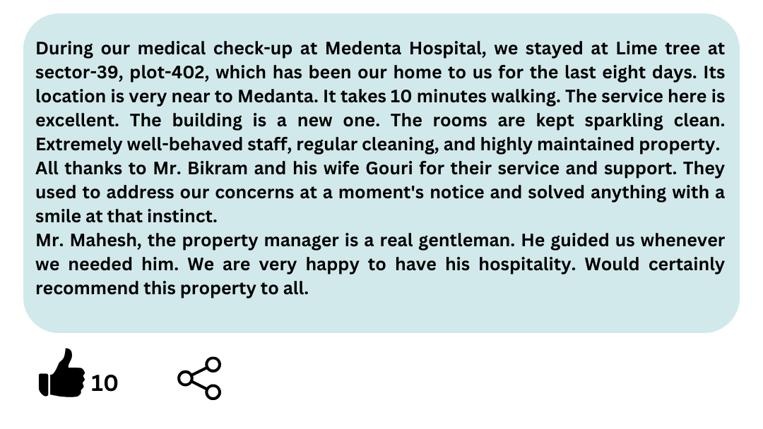 Lime tree 402 has been a home to us for the past 1 month. Its location is very near to Medanta. It takes 10 minutes walking. The service here is excellent. The rooms are kept in sparkling clean. A (4)