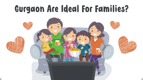 Promotional graphic asking why service apartments in Gurgaon are ideal for families, featuring an illustrated family.