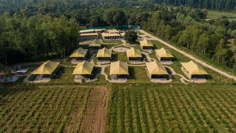 An aerial shot of the camps at Aalia Jungle Resort & Spa - Claridges Collection
