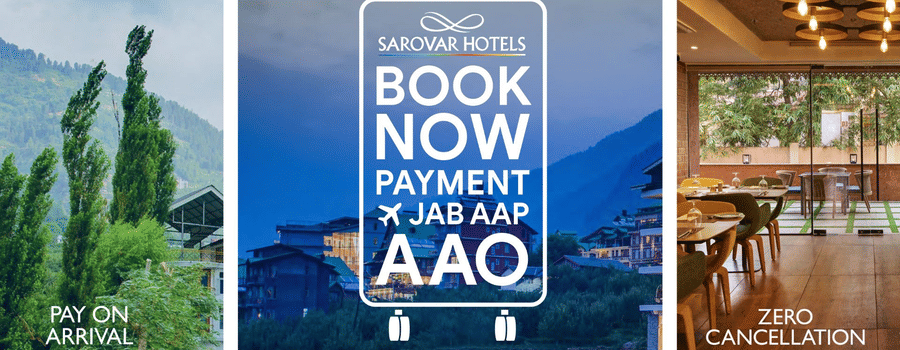 Sarovar Hotels festive offer banner promoting book now, pay on arrival with zero cancellation.