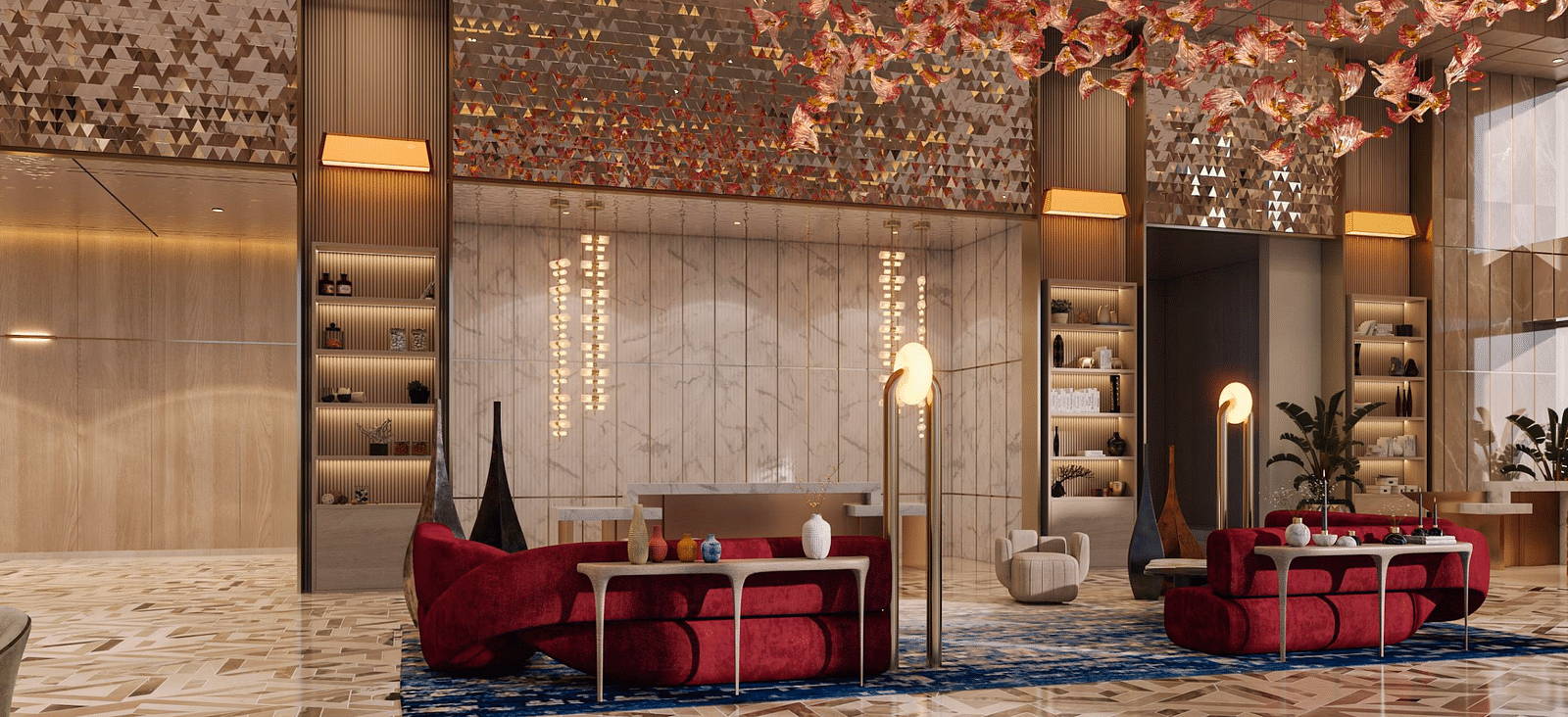 A focused view of a lobby with blossom light decor on the ceiling, marble flooring, modern interior and lighting