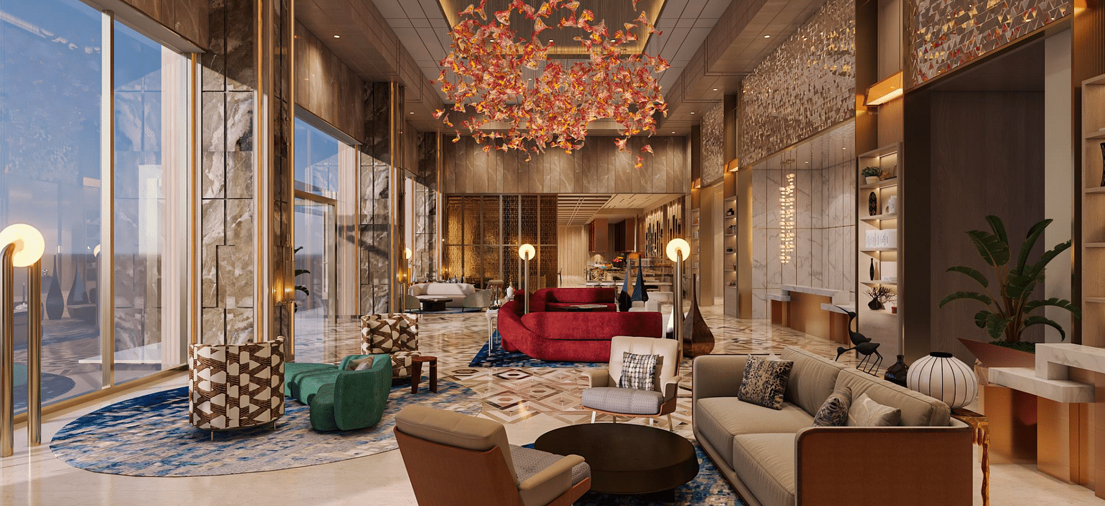 A lobby area with sofas, tea tables, chandeliers, rugs, marble flooring, indoor plants and modern lighting and interior