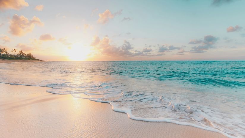 Seashore with small waves over golden sand and the sun in the distance along with some greenery.