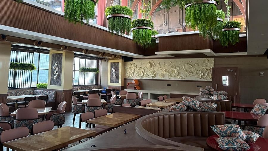 A warmly lit restaurant area with booth seating, wooden tables, and hanging plants as part of the decor - Melior Inn