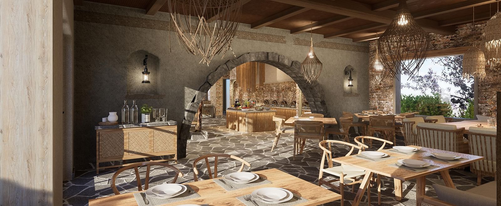 A restaurant with neatly set tables and chairs, featuring woven light decorations hanging at The Evren, Vagator.