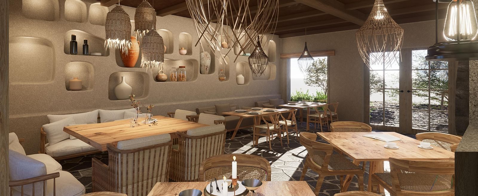 Dining area with tables and chairs set, and a chandelier hanging from the ceiling at The Evren, Vagator.