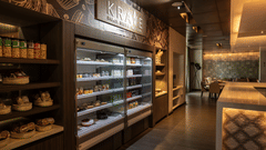 View of the grab-and-go station, showing shelves filled with a variety of snacks, drinks, and fresh food at The Residency Towers Rameswaram.