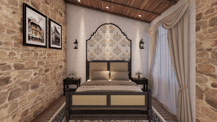 Bedroom with a stone feature wall, vaulted ceiling, and a decorative, arched wrought-iron headboard at BluSalzz Terrah Hills Resort, Dalhousie.