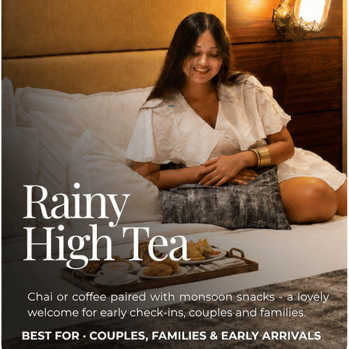 A promotional creative for the Pride Group of Hotels displays text about afternoon tea and a woman relaxing next to a food tray.