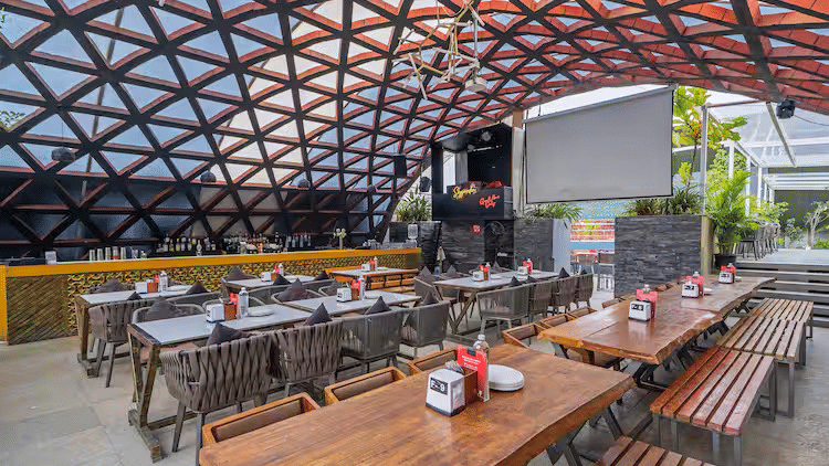 Rooftop seating and dining area at Sky Garden