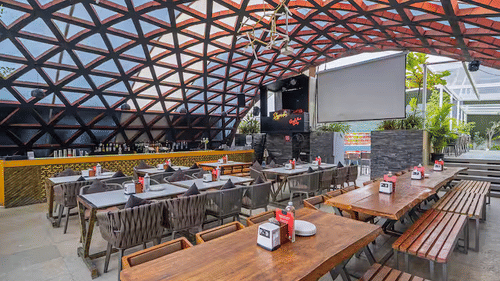 Rooftop seating and dining area at Sky Garden