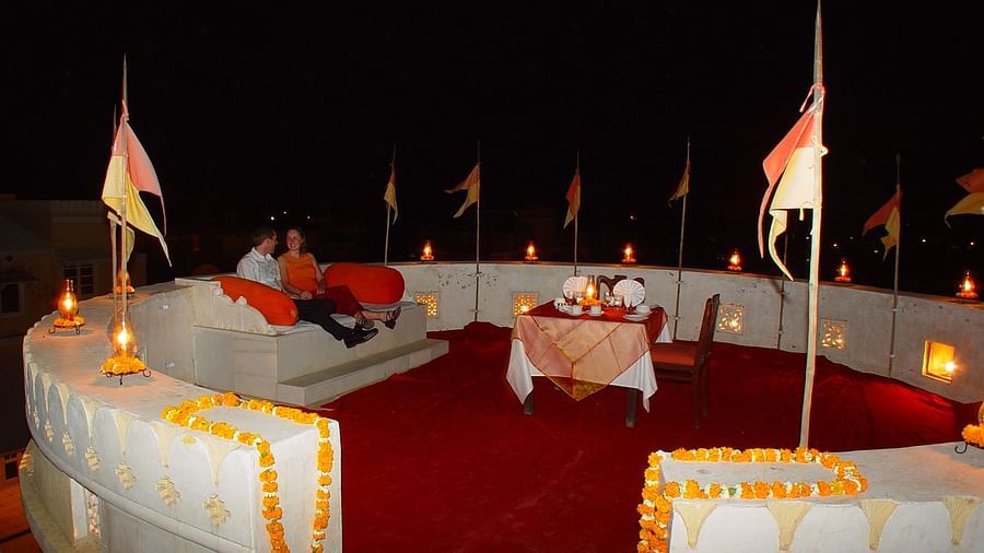 nighttime view of dining  setup  - Hotel Castle Mandawar, Jhunjunu