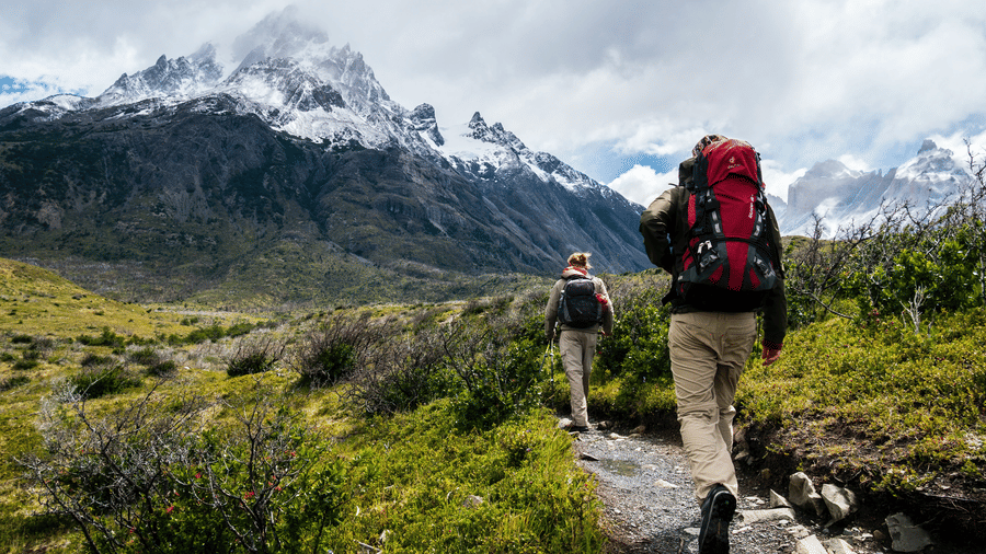 Two people trekking in Wayanad, on a stone pathway with greenery surrounding the pathway, which leads to a snow-clad mountain in the background.