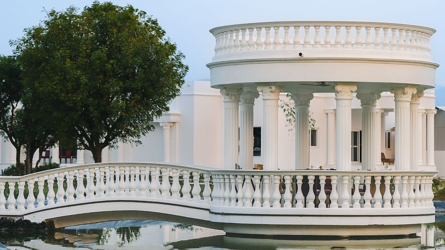A bridge on a pond with a viewing place - Ashok Vatika Ananta Elite, Ranakpur