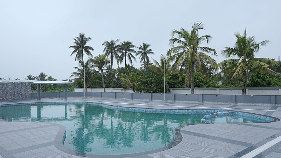 Rooftop pool at Pride Elite Mandarmani with tiled decking, a pergola, and a dense row of coconut palms lining the boundary wall.