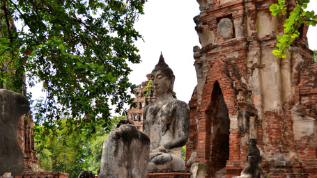 a buddha statue in front of crumbling buildings and trees inside Ayutthaya Historical Park. This park is a must-visit when looking for day trips from Bangkok.