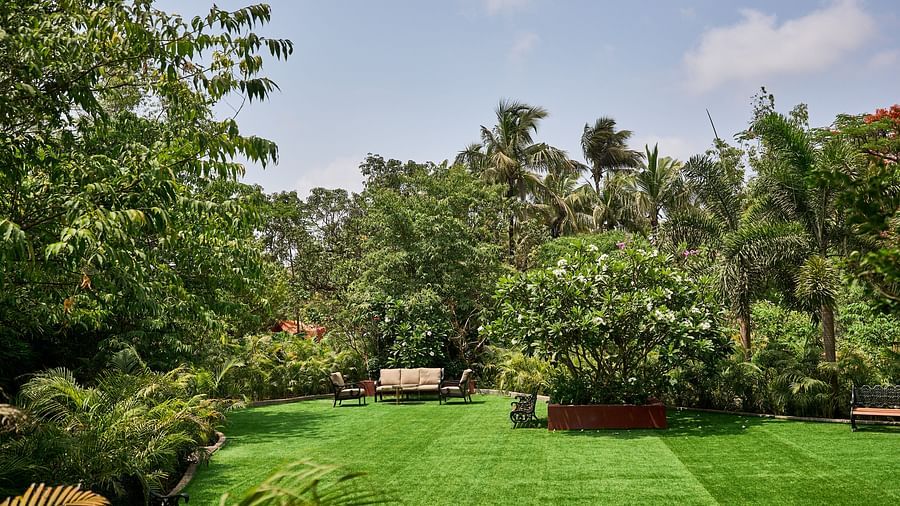 Lawn area encircled by trees and plants, with seating arranged for relaxation at Mayfair Manor, Alibag