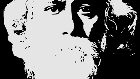 Black and white portrait of Rabindranath Tagore, the celebrated poet and composer known for Rabindra Sangeet.