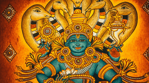 A painting of the hindu deity Lord Vishnu with five snakes above the deity's head.
