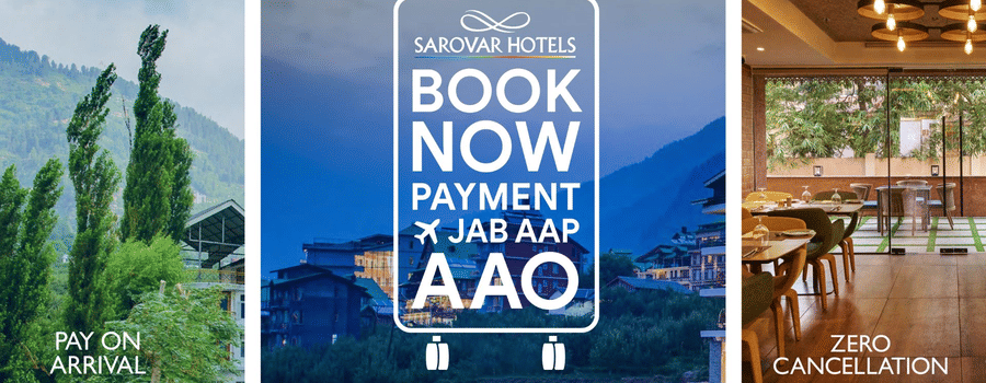 Sarovar Hotels festive offer banner promoting book now, pay on arrival with zero cancellation.
