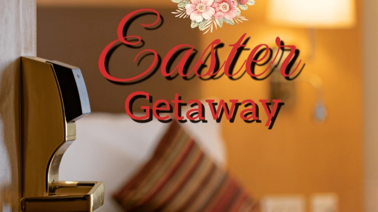 Ramada Easter Getaway poster promoting a special stay for two with brunch at the Palace Court, perfect for a festive celebration.
