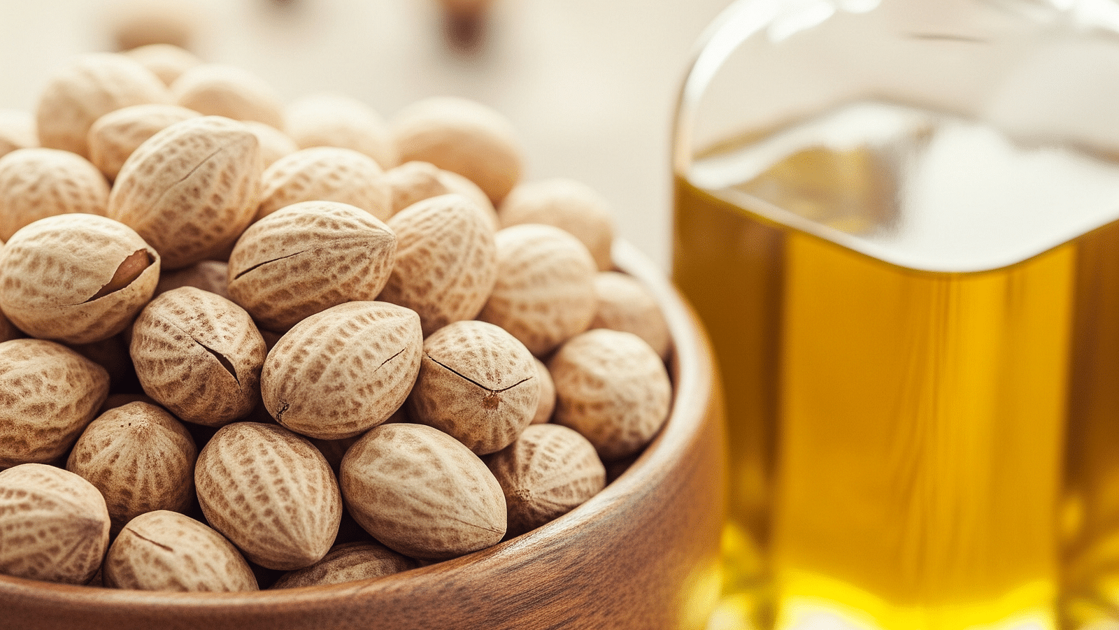 A bowl of shelled groundnuts placed beside a bottle of oil.