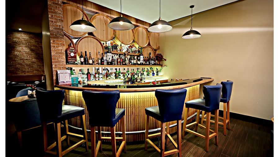 the bar counter at Wood House bar in Vizag