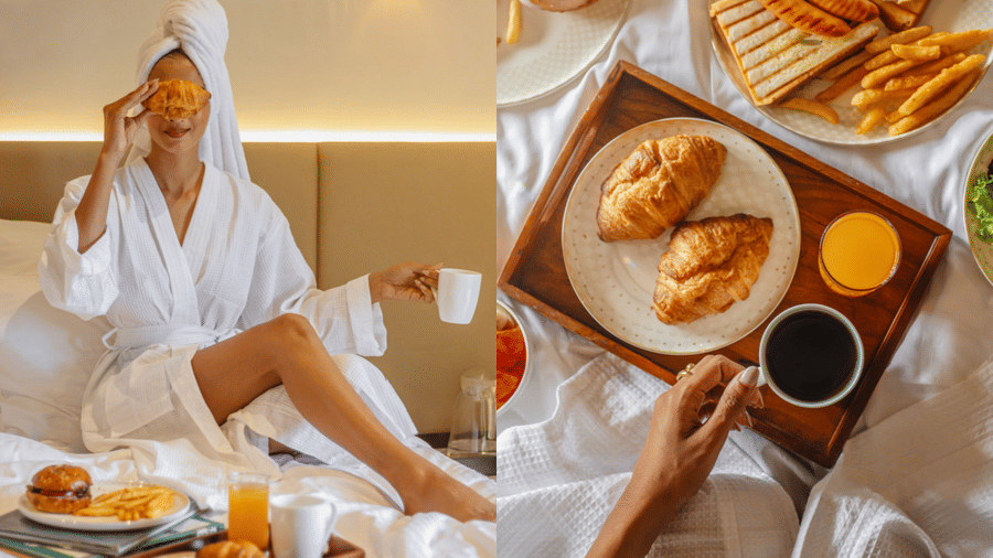 Collage of assorted breakfast served with beverages and pastries on the bed – Lamrin Morjim Goa