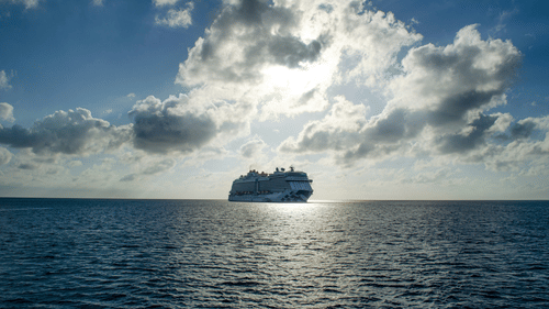 Wide angle shot of a cruise taken from far during sunset