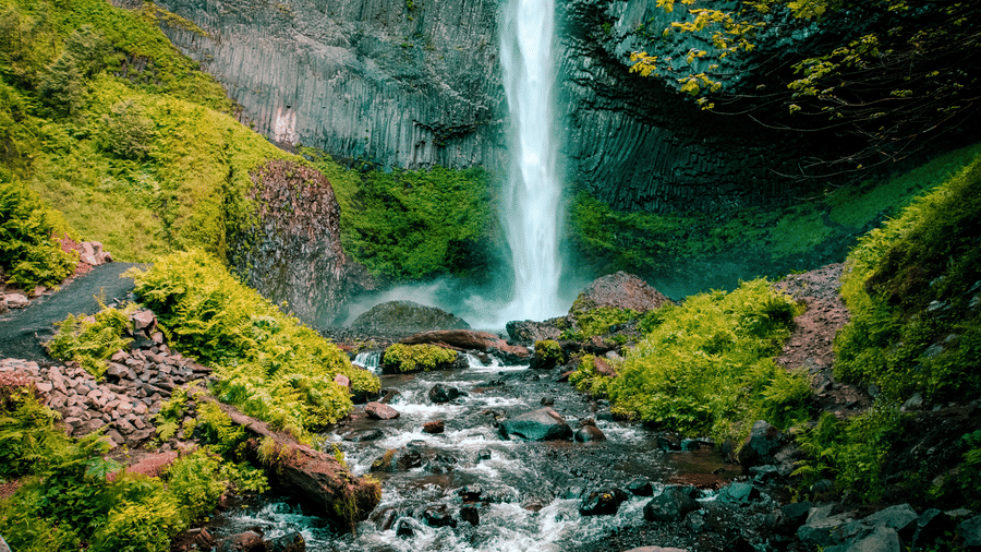 Tall narrow waterfall plunging down basalt cliff into rocky stream surrounded by lush green moss-covered vegetation in forest canyon.