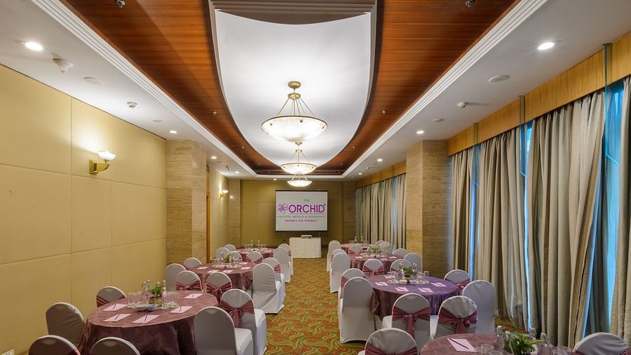 Hotel banquet room prepared for dining event at The Orchid Hotel Mumbai Vile Parle