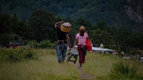 A couple holding on to various things like a basket, chair and bags walking on green grass