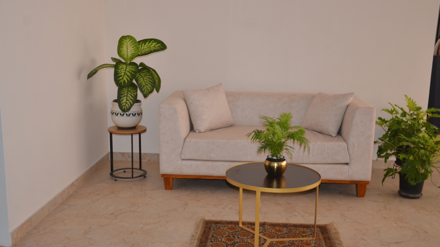 A white coloured couch for two people with a round coffee table in front of it surrounded by green plants - Lords Eco Inn Belagavi